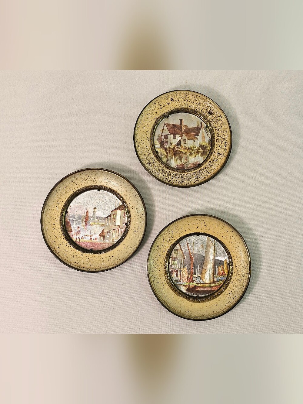 Vintage Set Of 3 Mini Framed Brass Foil Art Plaques